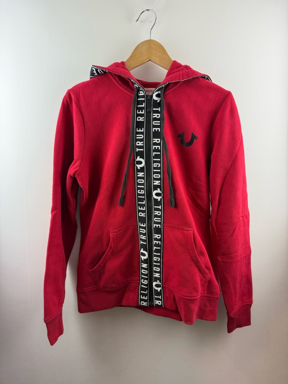 True Religion Women's Red Logo Tape Zip Hoodie Large Y2K Streetwear